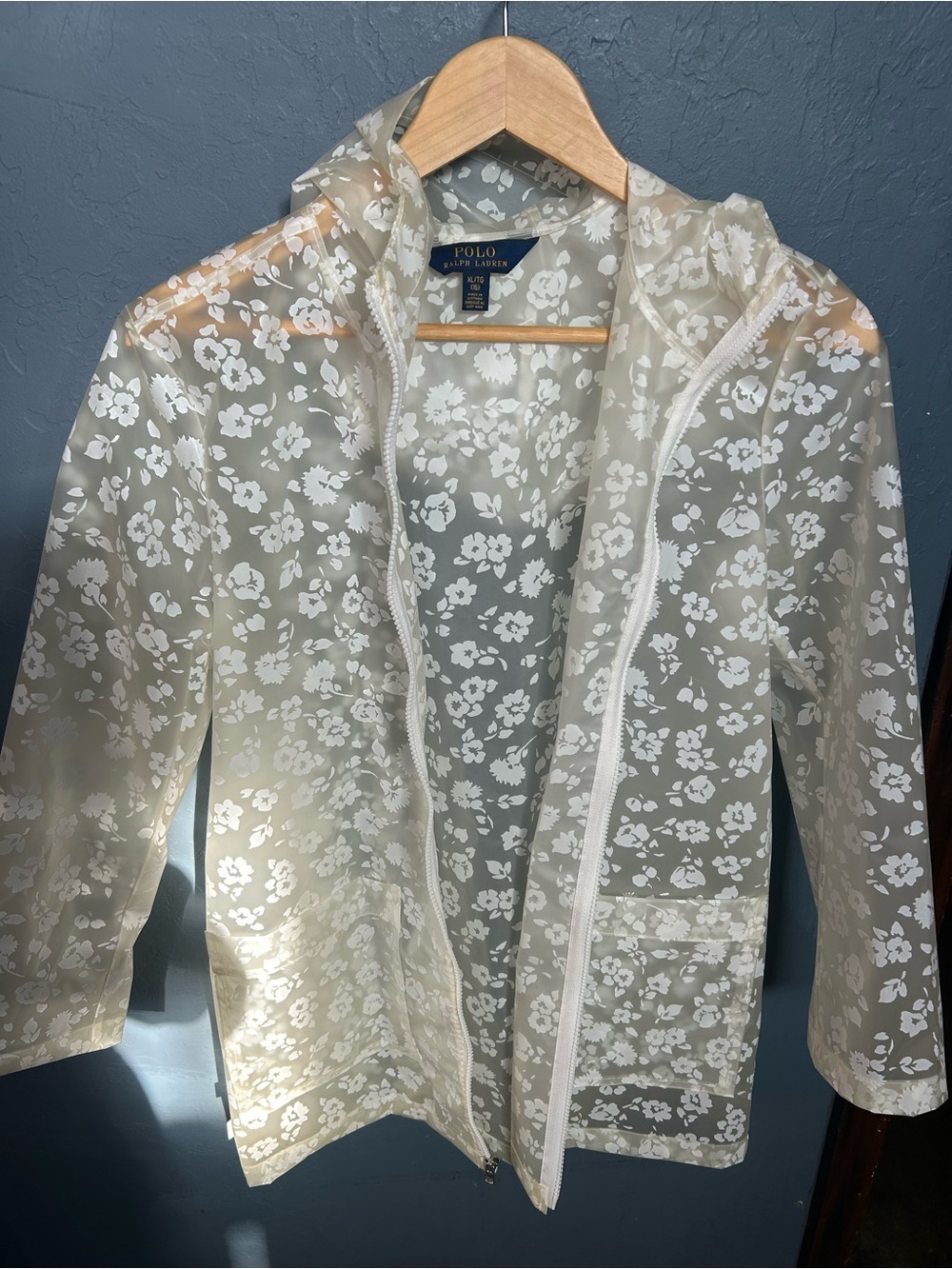 Polo Ralph Lauren Translucent Rain Coat Jacket Girls White Floral Print XL/16